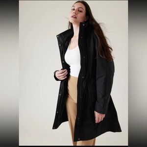 New Athleta Black Windout Veste Hooded Rain Trench Coat Jacket